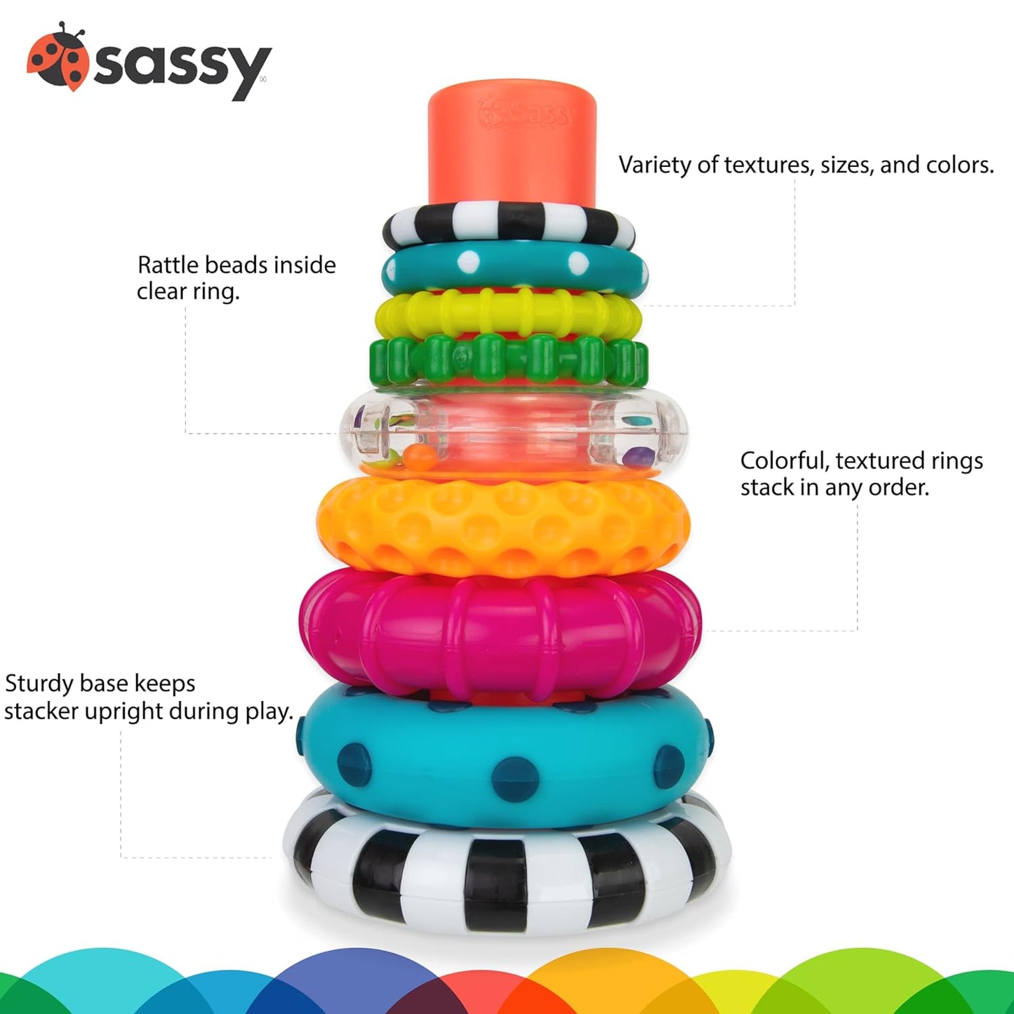 Sassy Stacks of Circles Stacking Ring STEM Learning Toy, Age 6+ Months, Multi, 9 Piece Set