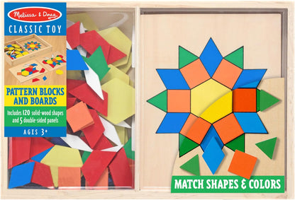 Melissa & Doug Pattern Blocks and Boards - Wooden Classic Toy With 120 Solid Wood Shapes and 5 Double-Sided Panels